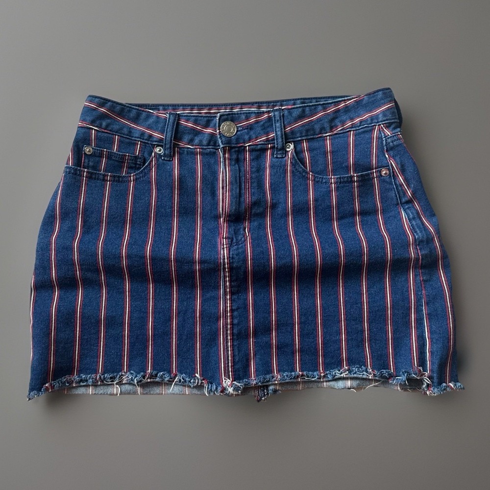 AMERICAN EAGLE Womens Sz 8 Super Stretch Denim Jean Mini Skirt Blue Red Striped